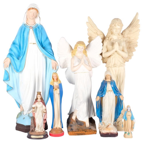 673 - A group of various religious figures, including a painted composition Saint on plinth, 60cm