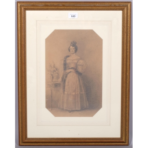 1016 - 19th century portrait of a lady in evening dress, pencil on paper, unsigned, 35cm x 22cm, framed