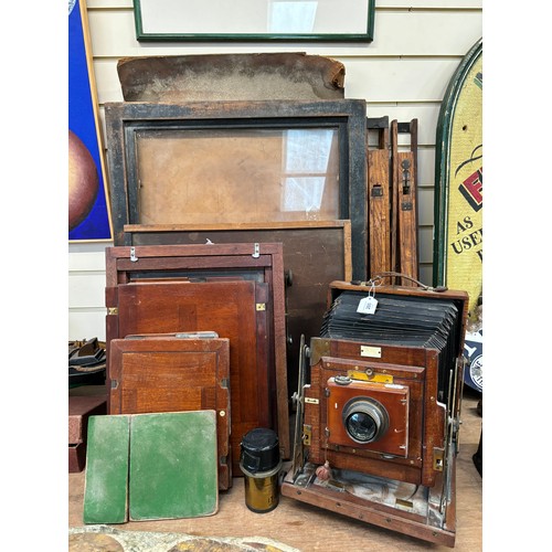 205 - An early 20th century Sands, Hunter & Company Ltd tail board square bellowed plate camera, mahogany ... 