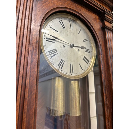 693 - A walnut-cased 8-day Vienna regulator wall clock, complete with key and pendulum, L130cm