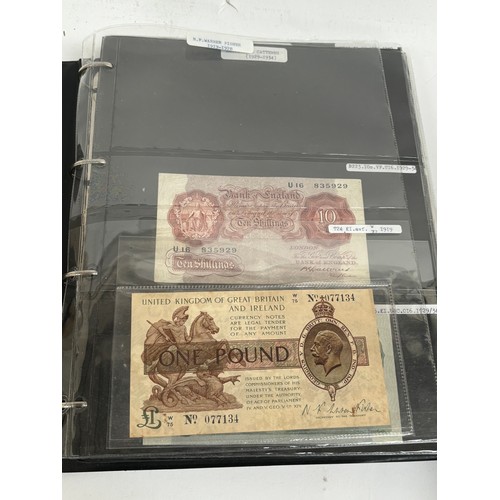 331 - An album of United Kingdom banknotes, including 2 white £5 notes, £1 notes from circa 1930, 1940, 19... 