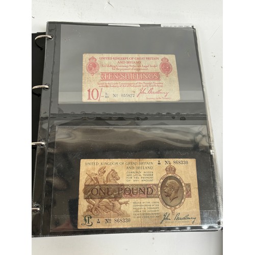 331 - An album of United Kingdom banknotes, including 2 white £5 notes, £1 notes from circa 1930, 1940, 19... 