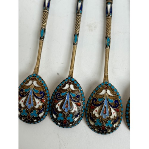 1188 - A set of 6 Russian silver-gilt and champleve teaspoons