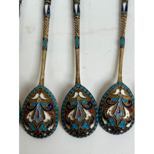 1188 - A set of 6 Russian silver-gilt and champleve teaspoons