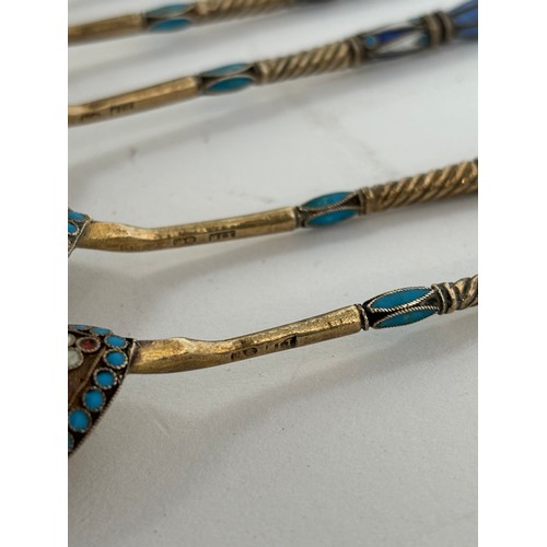 1188 - A set of 6 Russian silver-gilt and champleve teaspoons