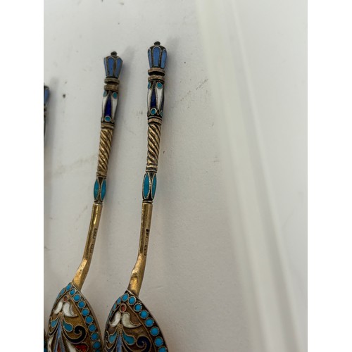 1188 - A set of 6 Russian silver-gilt and champleve teaspoons