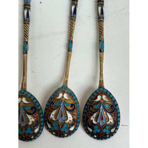 1188 - A set of 6 Russian silver-gilt and champleve teaspoons