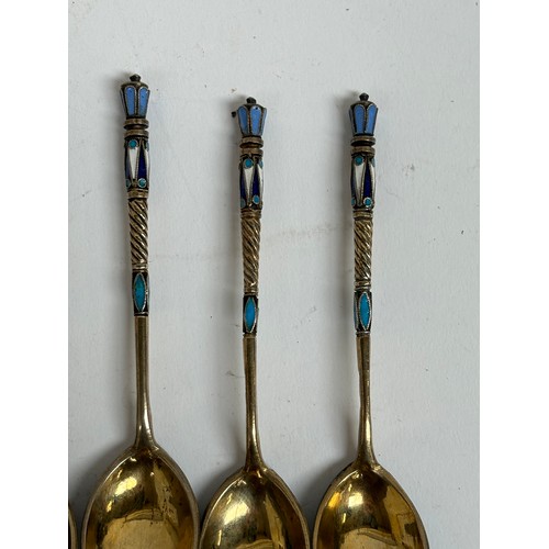 1188 - A set of 6 Russian silver-gilt and champleve teaspoons