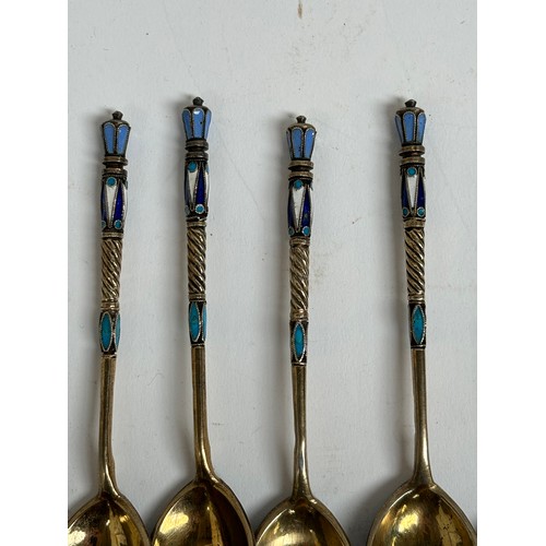 1188 - A set of 6 Russian silver-gilt and champleve teaspoons