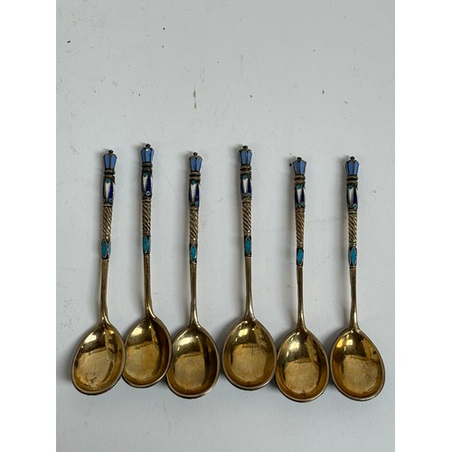 1188 - A set of 6 Russian silver-gilt and champleve teaspoons