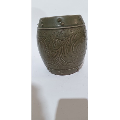 824 - Oriental incised and green glazed terracotta barrel design stand, H20cm