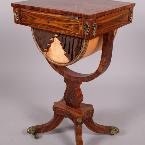 102 - 19th century coromandel sewing table, with yoke shaped stretcher and quadruple base, width 43cm