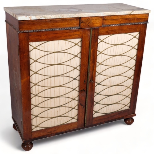 105 - 19th century rosewood side cabinet of small size, with coloured marble top and brass lattice panelle... 