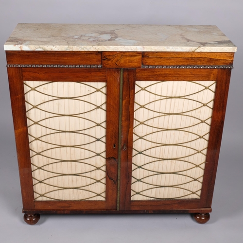 105 - 19th century rosewood side cabinet of small size, with coloured marble top and brass lattice panelle... 