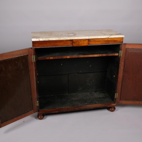 105 - 19th century rosewood side cabinet of small size, with coloured marble top and brass lattice panelle... 