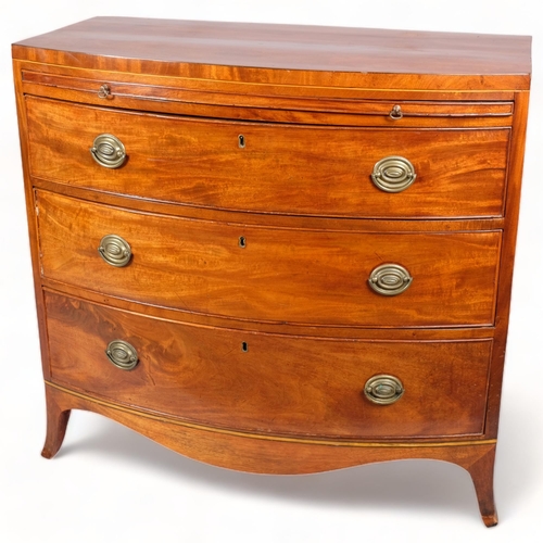 111 - 19th century mahogany bow-front chest of 3 long drawers, with brushing slide, width 91.5cm, depth 49... 