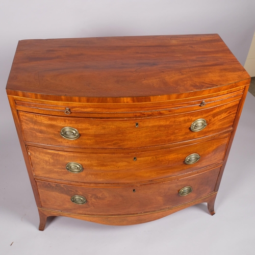 111 - 19th century mahogany bow-front chest of 3 long drawers, with brushing slide, width 91.5cm, depth 49... 