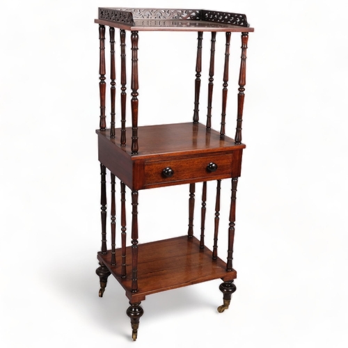 112 - 19th century rosewood 3-tier whatnot, with drawer-fitted centre tier, width 46cm, depth 38cm, height... 