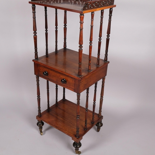 112 - 19th century rosewood 3-tier whatnot, with drawer-fitted centre tier, width 46cm, depth 38cm, height... 