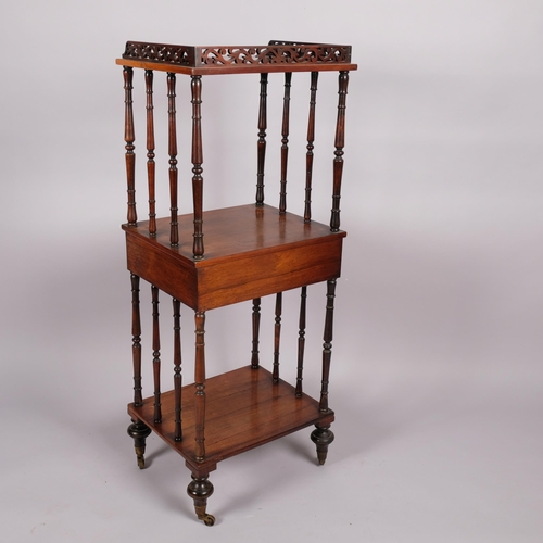 112 - 19th century rosewood 3-tier whatnot, with drawer-fitted centre tier, width 46cm, depth 38cm, height... 