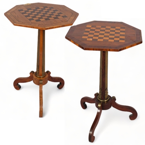 113 - Pair of 19th century two-colour games tables, rosewood and tulipwood with inlaid brass stringing, br... 