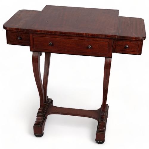 114 - A 19th century mahogany writing desk with cantilever rising top, 3 frieze drawers on lyre-shaped end... 