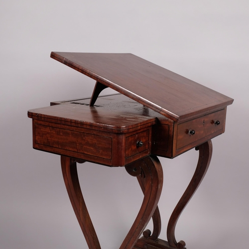 114 - A 19th century mahogany writing desk with cantilever rising top, 3 frieze drawers on lyre-shaped end... 