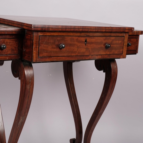 114 - A 19th century mahogany writing desk with cantilever rising top, 3 frieze drawers on lyre-shaped end... 