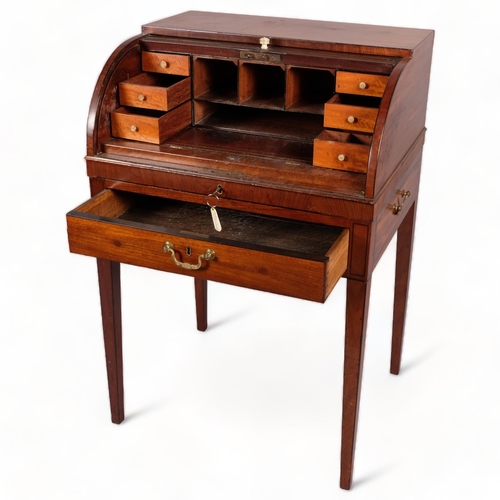 115 - Early 19th century mahogany cylinder-front writing desk of small size, with tambour front, frieze dr... 