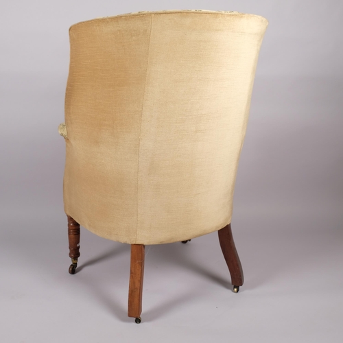 116 - A 19th century upholstered barrel-back wing armchair on turned legs, overall width 76cm, height 112c... 