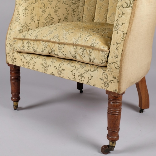 116 - A 19th century upholstered barrel-back wing armchair on turned legs, overall width 76cm, height 112c... 