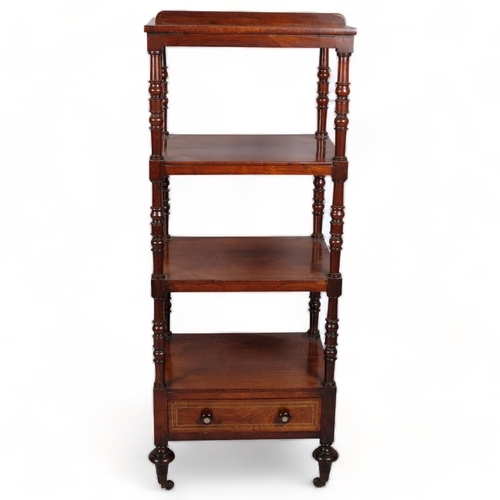 118 - Early 19th century rosewood 4-tier whatnot, with cantilever reading top section and drawer-fitted ba... 