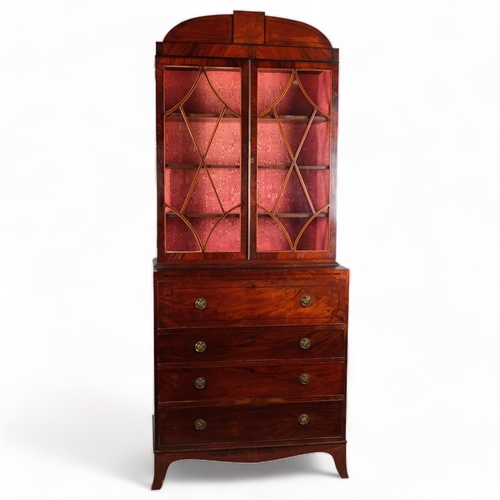 120 - Early 19th century mahogany secretaire library bookcase on chest, with strung lattice glazed doors, ... 