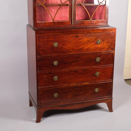 120 - Early 19th century mahogany secretaire library bookcase on chest, with strung lattice glazed doors, ... 