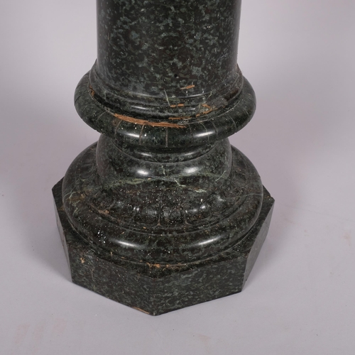 121 - 19th century green marble column on carved base, height 112cm, top diameter 29cm