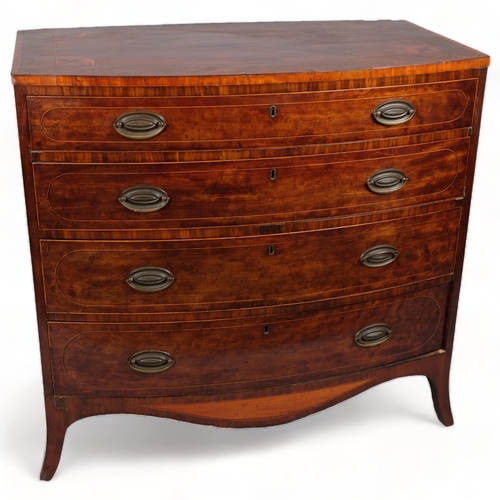 122 - A George III mahogany bow-front chest of 4 long graduated drawers, with marquetry inlaid top, width ... 