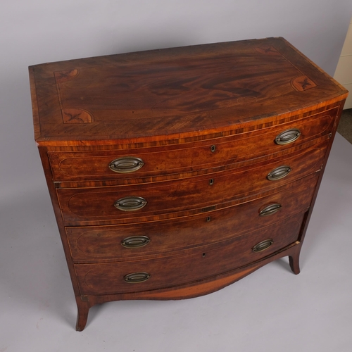 122 - A George III mahogany bow-front chest of 4 long graduated drawers, with marquetry inlaid top, width ... 