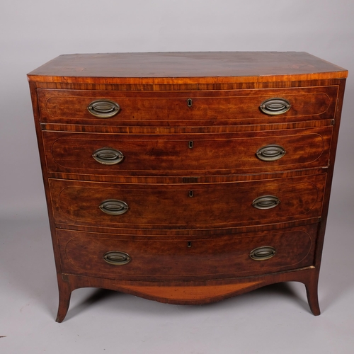 122 - A George III mahogany bow-front chest of 4 long graduated drawers, with marquetry inlaid top, width ... 