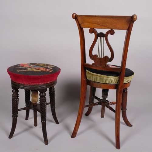 123 - 19th century rosewood music chair, with lyre-shaped back and adjustable seat, seat diameter 37cm, to... 