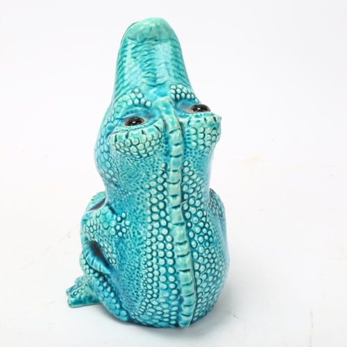 147 - Burmantofts faience novelty alligator design vase, blue glaze pottery with glass eyes, pattern no. 1... 