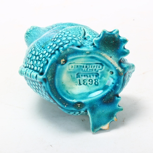 147 - Burmantofts faience novelty alligator design vase, blue glaze pottery with glass eyes, pattern no. 1... 