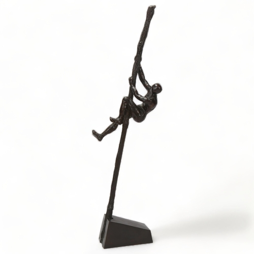 151 - Contemporary modernist patinated bronze sculpture, figure climbing a pole, impressed monogram JP, ov... 