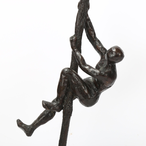 151 - Contemporary modernist patinated bronze sculpture, figure climbing a pole, impressed monogram JP, ov... 