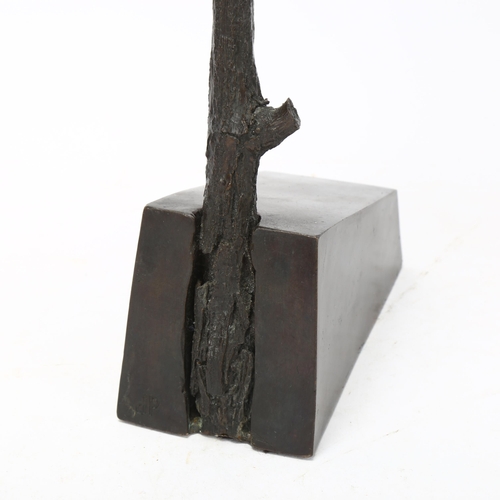 151 - Contemporary modernist patinated bronze sculpture, figure climbing a pole, impressed monogram JP, ov... 