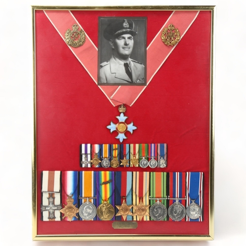 154 - A framed group of 9 Great War and Second War Service medals, including Military Cross awarded to F L... 