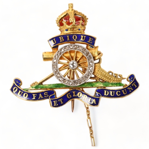 159 - Early 20th century 18ct gold diamond and enamel Royal Artillery military sweetheart brooch, width 35... 