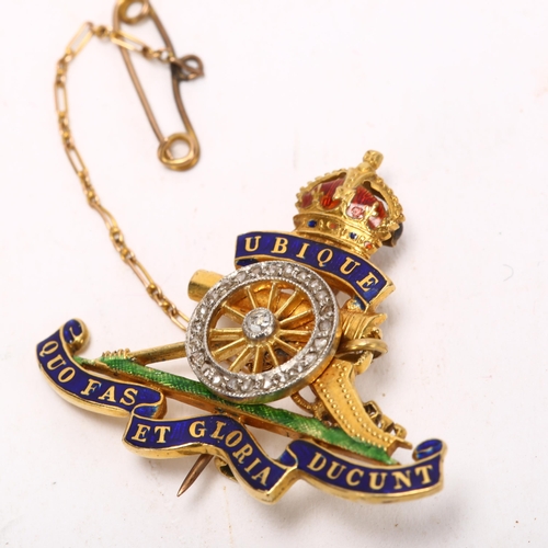 159 - Early 20th century 18ct gold diamond and enamel Royal Artillery military sweetheart brooch, width 35... 