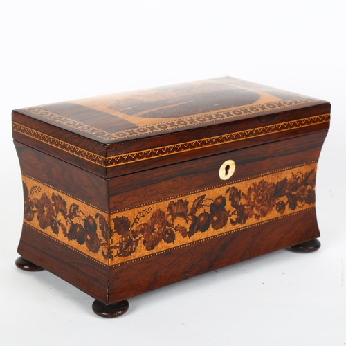 16 - 19th century Tunbridge Ware and rosewood tea caddy depicting Eridge Castle?, with concave sides, fol... 