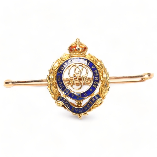 160 - George V 15ct gold and enamel Royal Engineers military sweetheart brooch, width 45mm