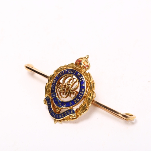 160 - George V 15ct gold and enamel Royal Engineers military sweetheart brooch, width 45mm